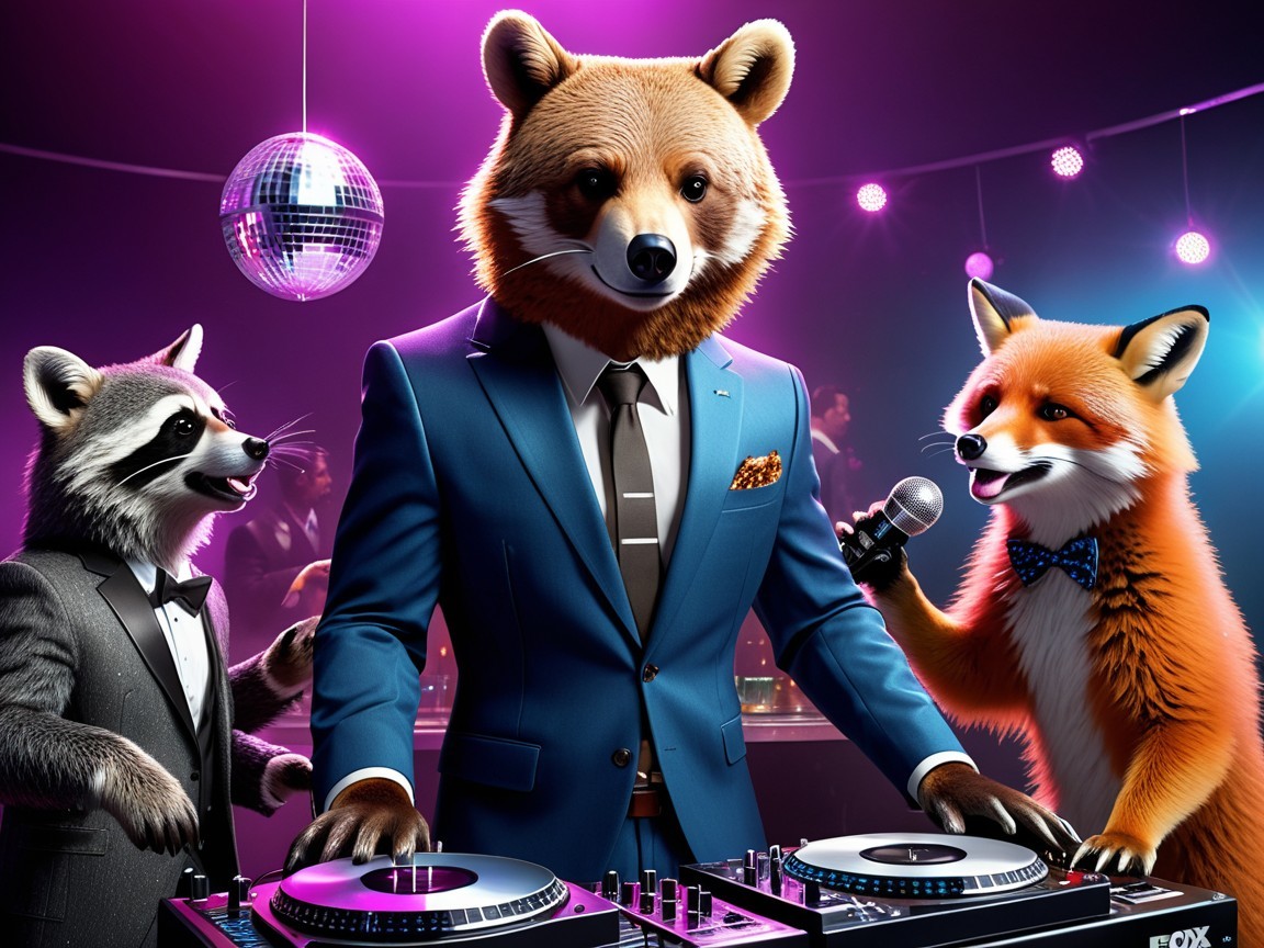 three anthropomorphic animals at a party scene