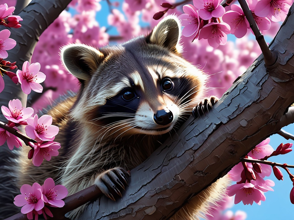 Raccoon on Branch Amidst Cherry Blossoms and Sky