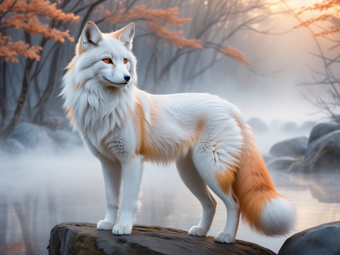 Ethereal fox by misty lake in tranquil forest setting
