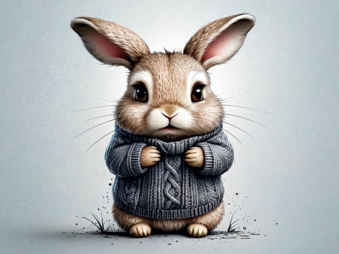 Chubby Rabbit in Cozy Sweater on Grass Background