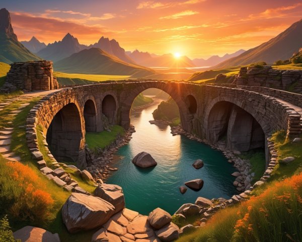 Stunning Landscape with Stone Bridge and Sunset Reflections