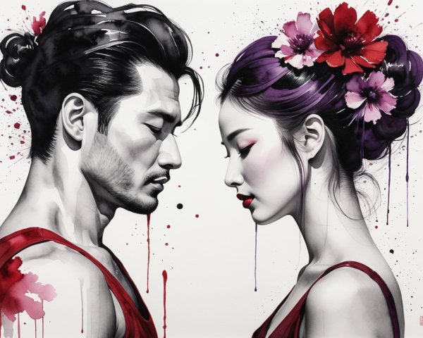 Profile Figures in Red Attire with Watercolor Accents