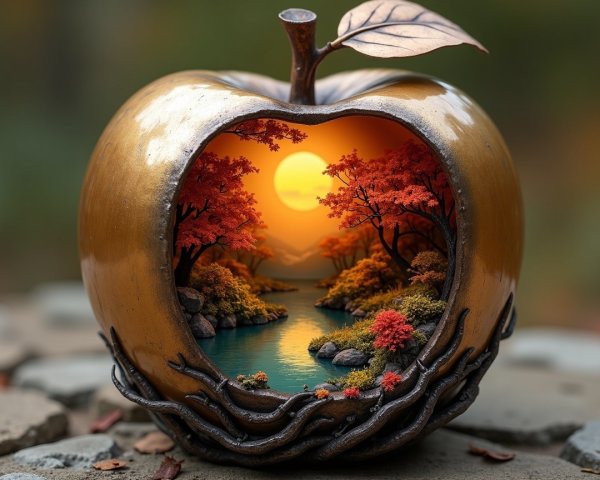 Golden apple with serene landscape and autumn trees