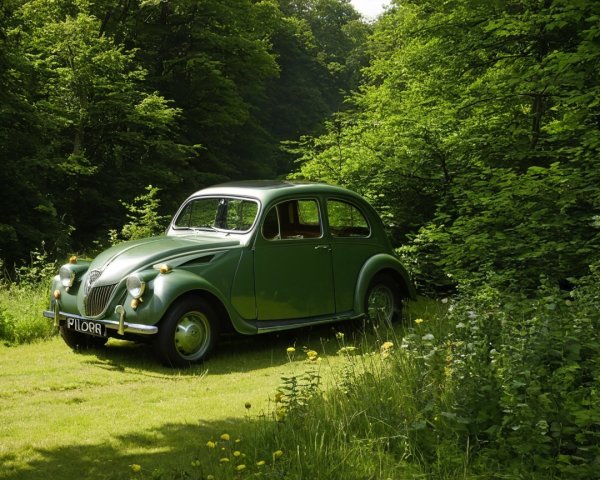 Vintage Green Car Surrounded by Lush Greenery
