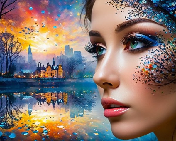 Portrait of a woman with vibrant face paint and sunset