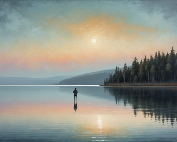 Solitary Figure in Serene Sunrise Landscape