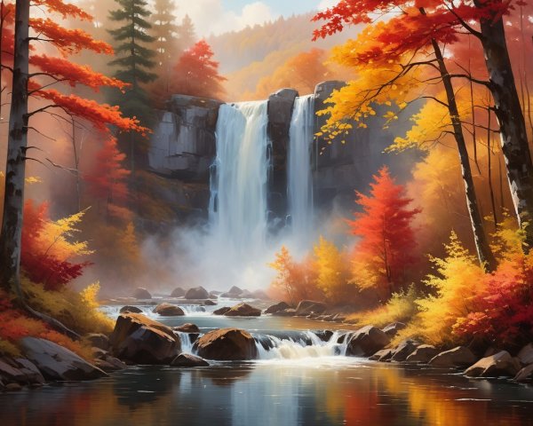 Serene Waterfall Surrounded by Autumn Foliage