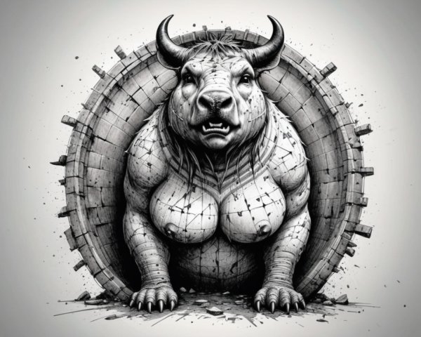 Muscular Bull Emerging from Wooden Structure