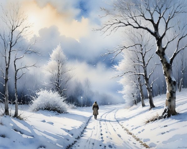 Serene Winter Landscape with Snowy Path and Trees