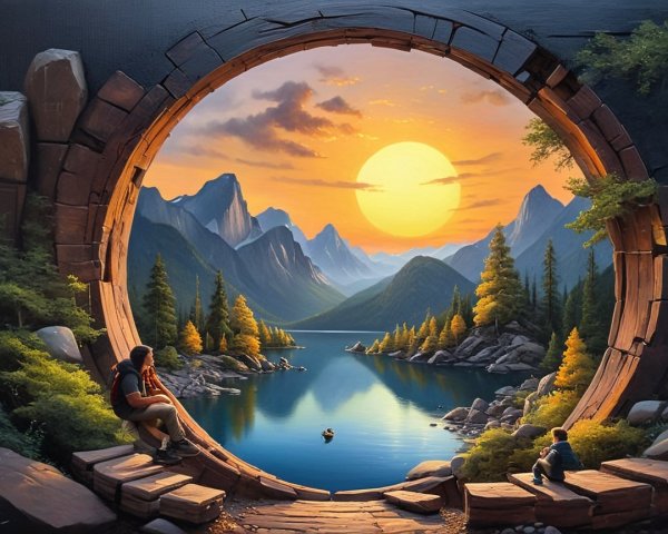 Landscape View Through Circular Stone Archway