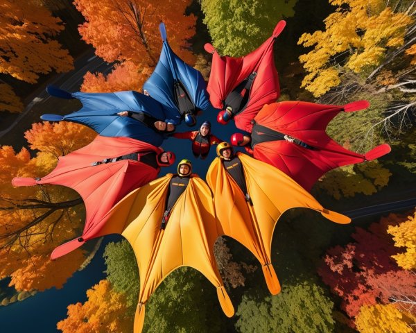 Wing Suit Flyers Form Colorful Pattern Amid Autumn Foliage
