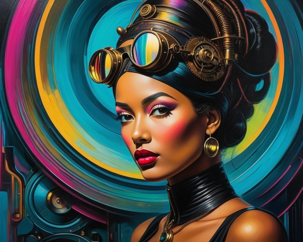 Steampunk Female Figure with Bold Makeup and Accessories