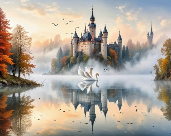 Castle Surrounded by Autumn Foliage and Swans