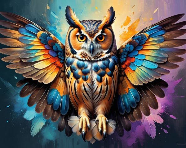 Majestic Owl with Colorful Wings and Detailed Plumage