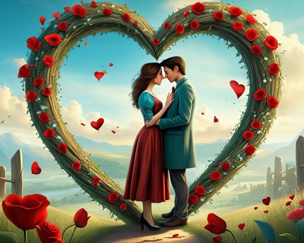 Romantic Landscape with Heart-Shaped Vine and Roses