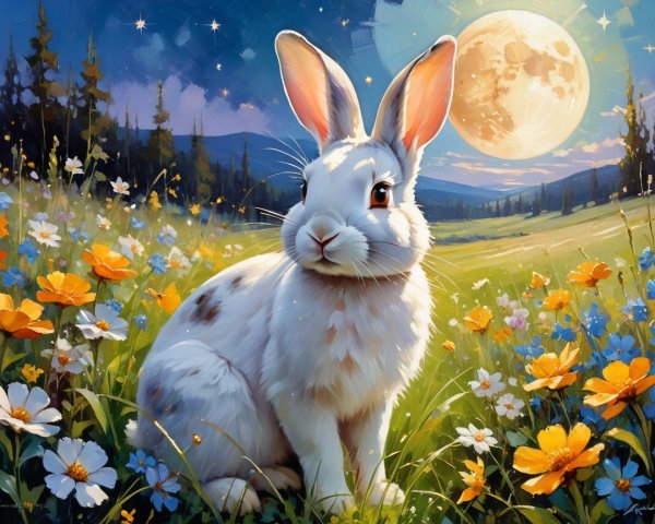 Fluffy White Rabbit in Colorful Meadow at Twilight