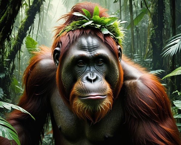 Majestic orangutan in lush jungle with vibrant greenery