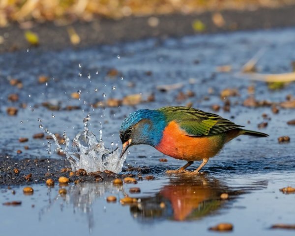 Multicolored Bird Splashing in Puddle with Vivid Plumage