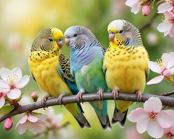 Vibrant Budgerigars on Branch with Cherry Blossoms