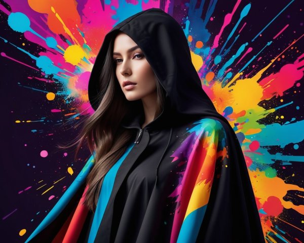 Young woman in black cloak against colorful backdrop