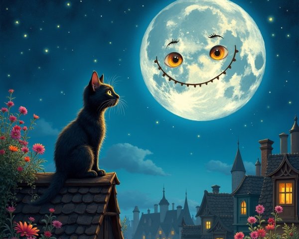 Whimsical Night Scene with Moon and Village Elements