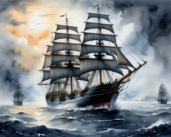 Tall Ship Sailing Through Turbulent Waters in Watercolor
