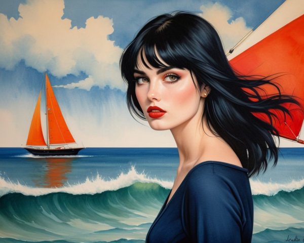 Young Woman by Ocean with Sailboat and Vibrant Colors