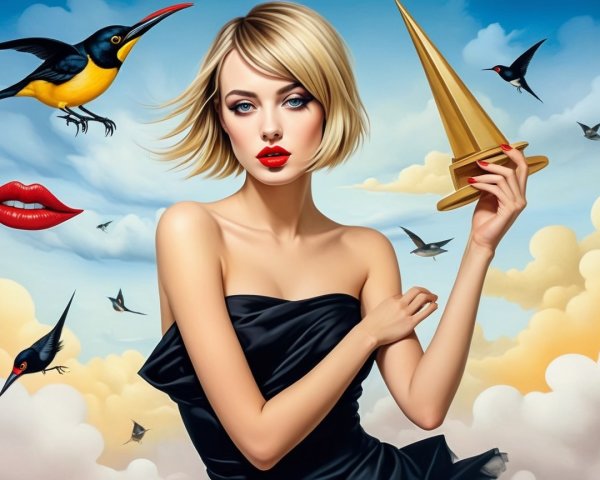 Stylized Woman with Trophy Against Vibrant Sky