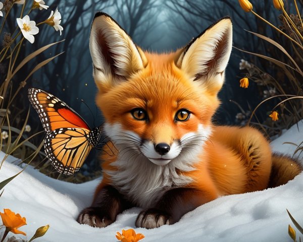 Orange Fox and Butterfly in Snowy Winter Scene