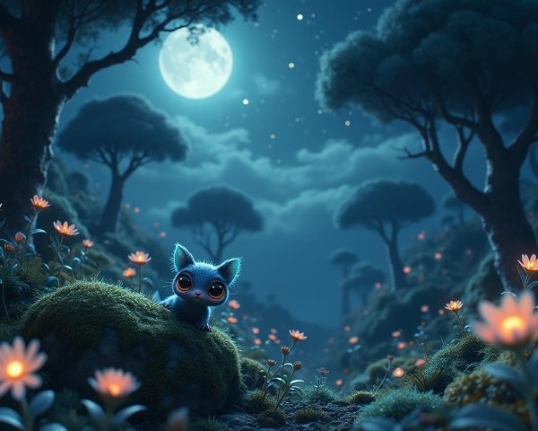 Whimsical Night Scene in a Magical Forest