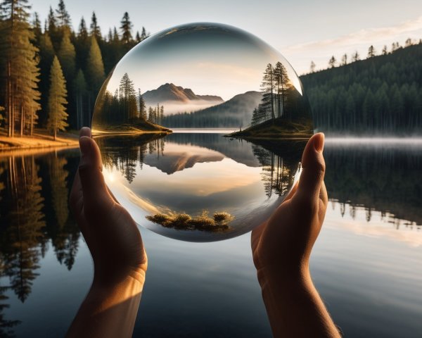 Hands Holding Glass Sphere Over Calm Lake at Sunrise