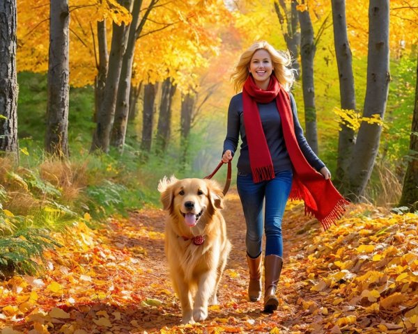 Woman and dog on autumn path with colorful leaves
