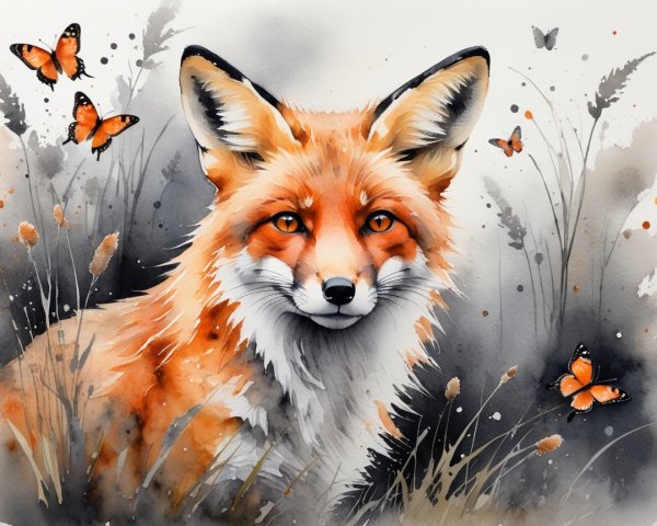 Watercolor Painting of a Fox with Butterflies and Grasses