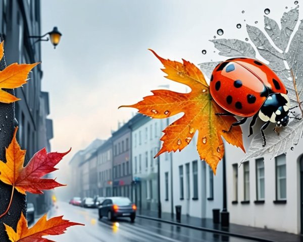 Misty Autumn Street Scene with Leaves and Rain