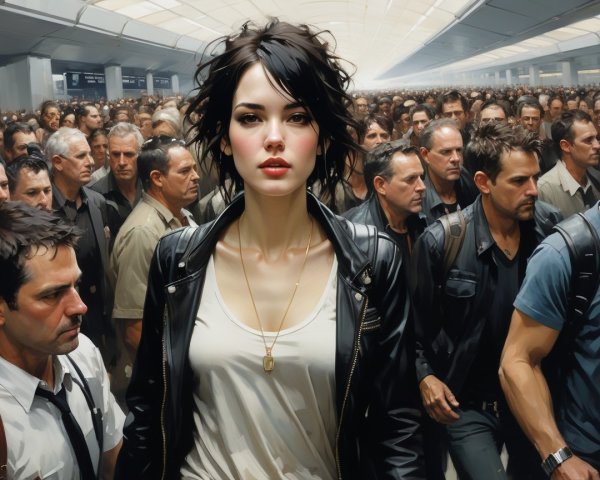 Woman in Leather Jacket Stands Out in Airport Terminal