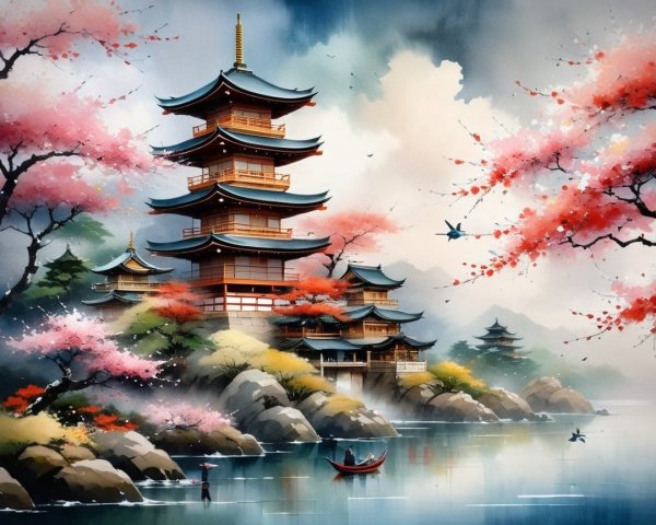 Tranquil Landscape with Pagoda and Cherry Blossoms