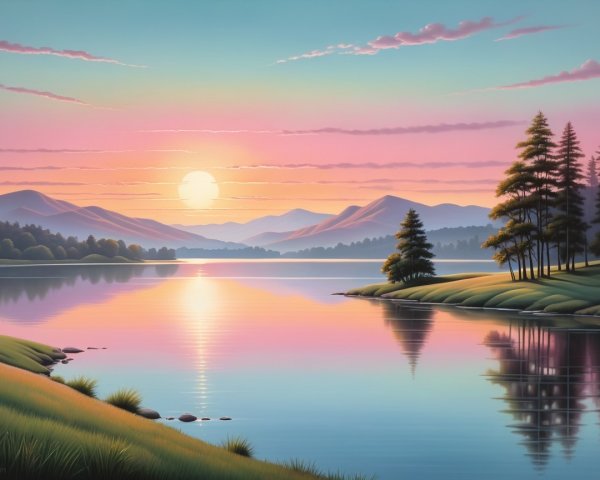 Serene Lakeside Sunset with Vibrant Sky Reflections