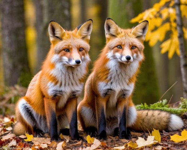 Red foxes in autumn forest setting with sunlight