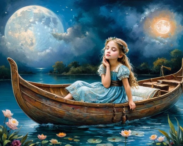Serene girl in blue dress on moonlit lake boat