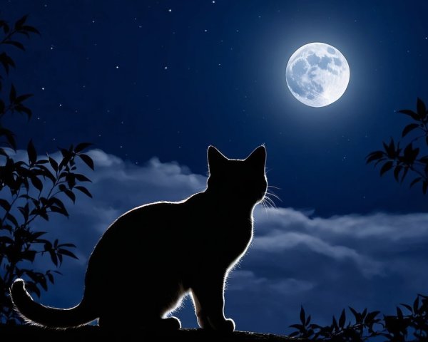Cat Silhouette Against Full Moon and Starry Sky