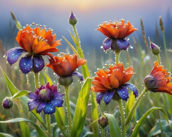 Vibrant Orange and Purple Flower Cluster with Dew