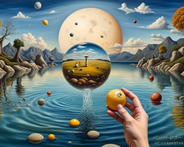 Surreal Landscape with Reflective Orb and Nature Elements