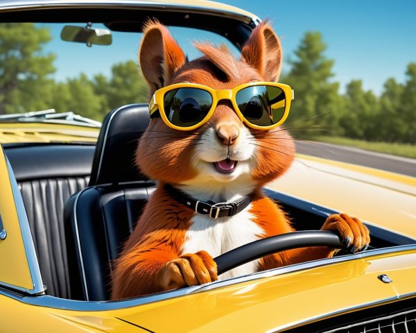 Cheerful squirrel in yellow convertible against blue sky