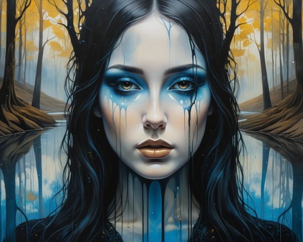 Young Woman with Blue Paint in Autumn Landscape