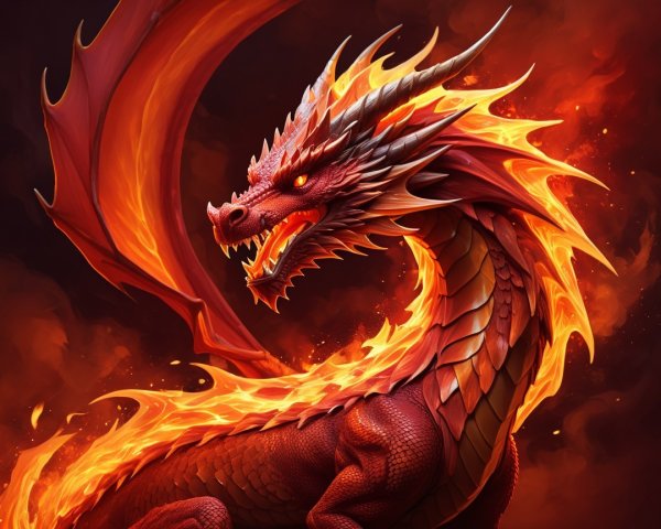 Majestic Red Dragon Surrounded by Fiery Flames