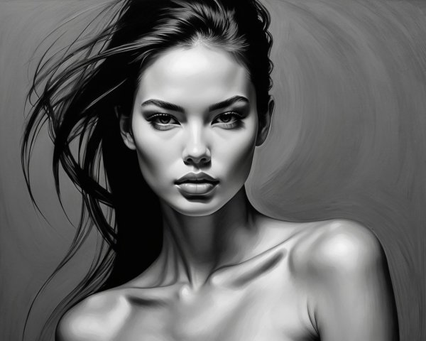 Black and white portrait of a woman with striking features
