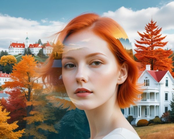 Portrait of a woman with orange hair in autumn landscape