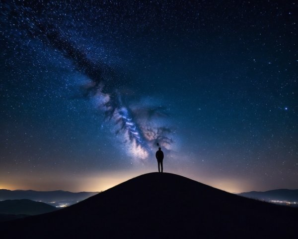 Solitary Figure on Hill Under Starry Night Sky