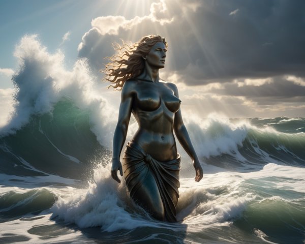 Bronze Statue of Woman in Ocean with Waves and Sunlight