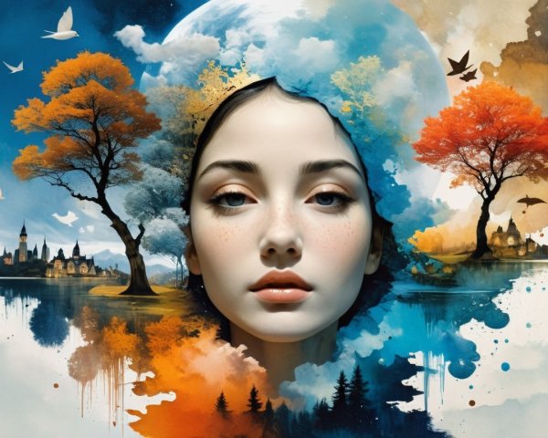Surreal Portrait of Woman with Colorful Nature Elements
